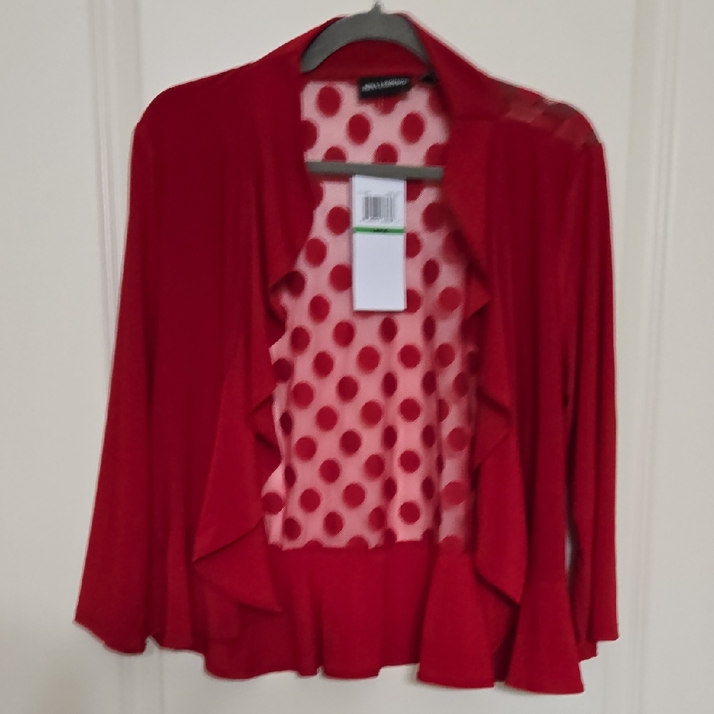 Nina Leonard Red Ruffle Cardigan